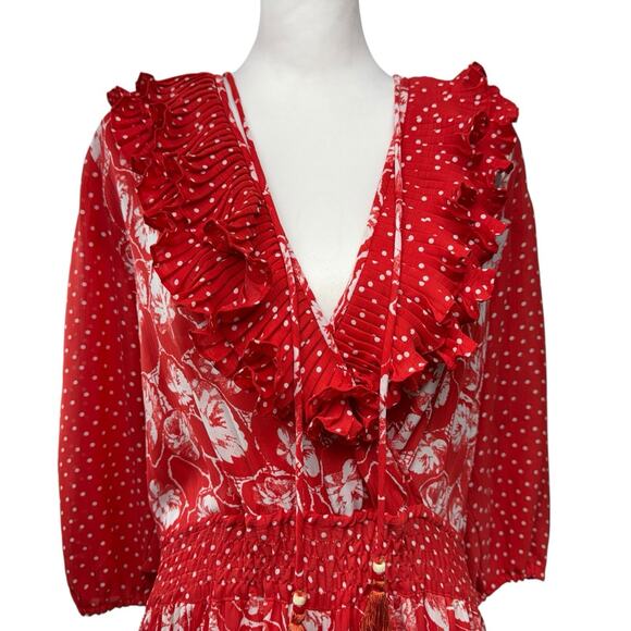 Diane Freis Georgette Midi Dress Size Large Pleated Floral Red Ruffles VTG 80s - Picture 2 of 10